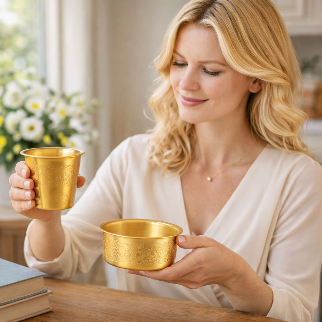 Pure Brass Dabra Set With 290 ML Capacity - Embossed Finish